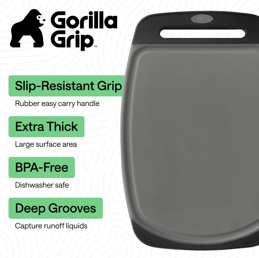 GORILLA GRIP BPA-Free Reversible Kitchen Cutting Board Set of 3, US Designed, Nonporous, Juice Grooves Catch Liquid, Slip Resistant Border, Dishwasher Safe, Durable Large Food Chopping Boards, Black