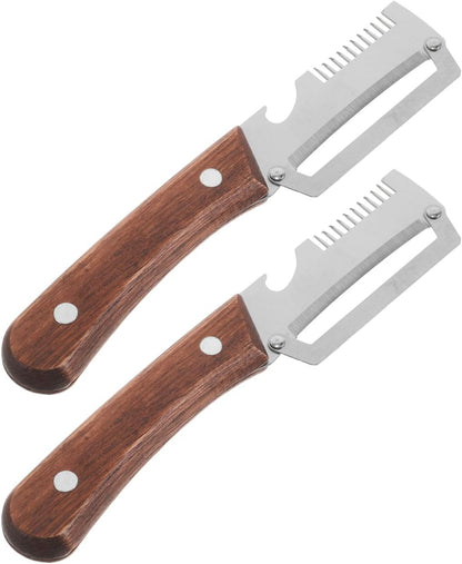 2 Pack Multi-Functional Vegetable Peeler, 3-in-1 Stainless Steel Peeler Shredder with Bottle Opener, Multifunctional Vegetable and Fruit Slicing Knife with Wooden Handle for Kitchen