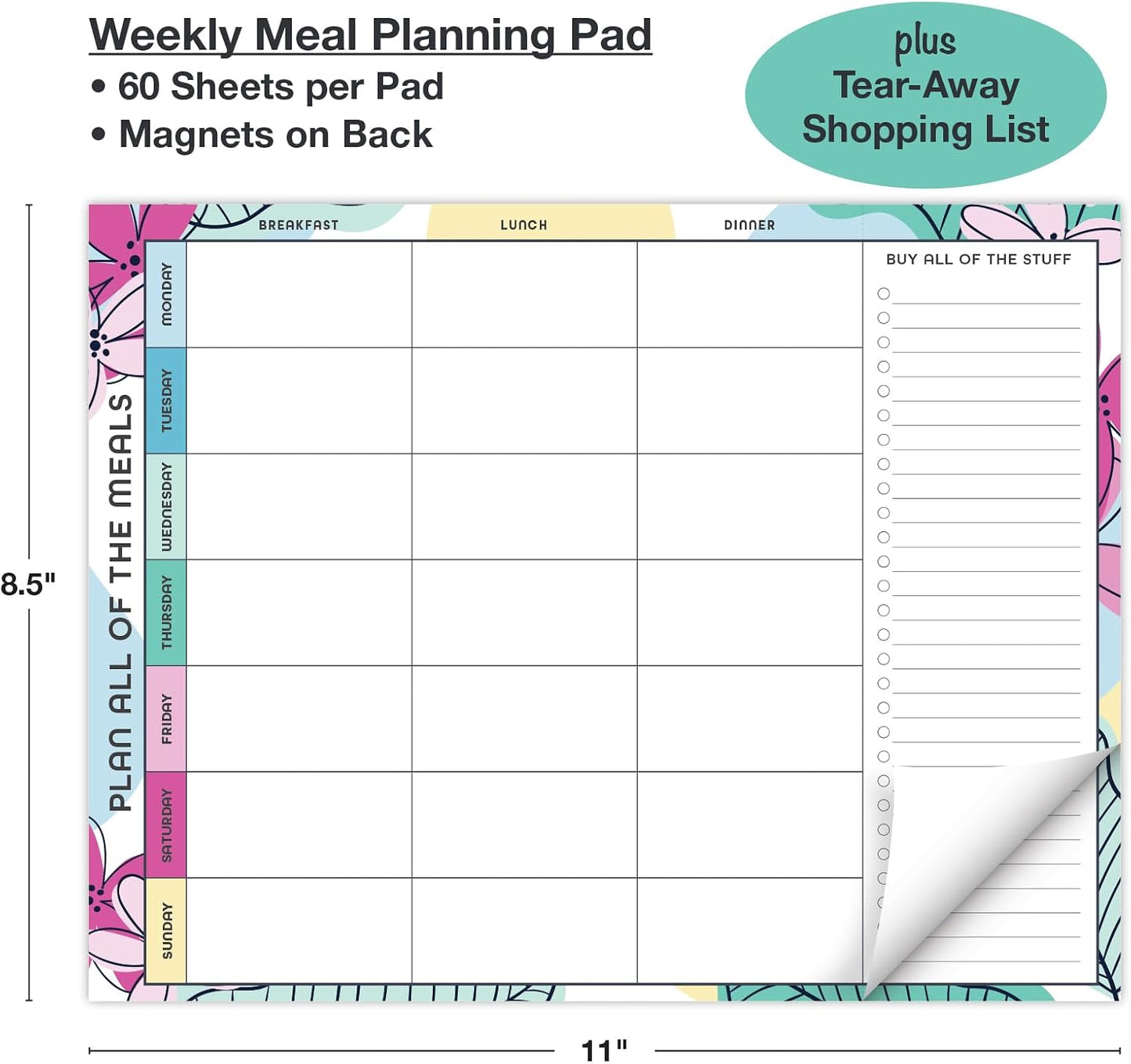 Global Printed Products 8.5" x 11" Horizontal Meal Planning Pad, 60-Sheets, Soft Pink Floral