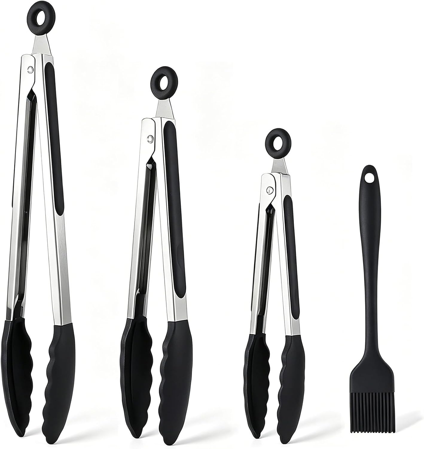 Kitchen Tongs for Cooking, Set of 4 with Oil Brush (7" 9" 12"), Heat Resistant 572°F Stainless Steel, Heavy Duty Metal Locking Tongs with Silicone Tips, Black, BBQ Grilling Dishwasher Safe