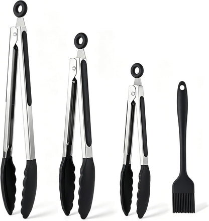 Kitchen Tongs for Cooking, Set of 4 with Oil Brush (7" 9" 12"), Heat Resistant 572°F Stainless Steel, Heavy Duty Metal Locking Tongs with Silicone Tips, Black, BBQ Grilling Dishwasher Safe