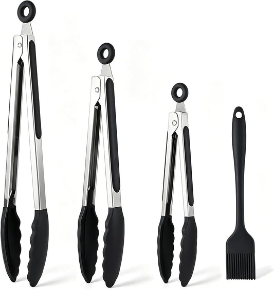 Kitchen Tongs for Cooking, Set of 4 with Oil Brush (7" 9" 12"), Heat Resistant 572°F Stainless Steel, Heavy Duty Metal Locking Tongs with Silicone Tips, Black, BBQ Grilling Dishwasher Safe