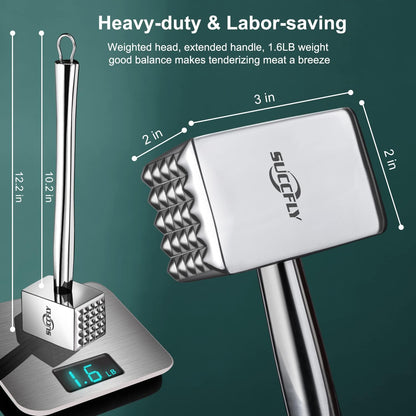 SUCCFLY Stainless Steel Meat Tenderizer Tool, Heavy Duty Meat Mallet 1.65LB