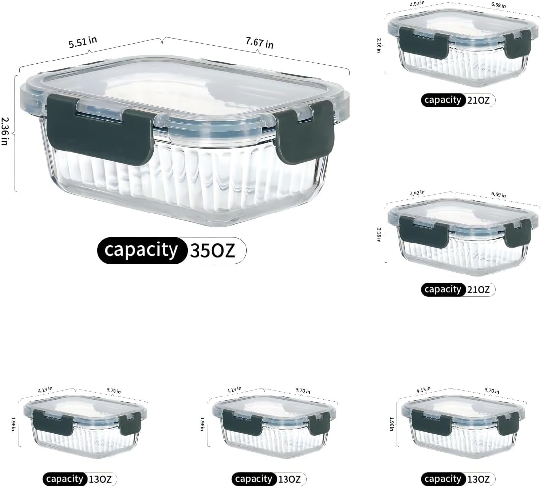 Glass Fluted Ombre grey Leak-Proof 6-Piece Set Food Storage Containers, Food Containers with Lids, Meal Prep Containers. (Rectangular)