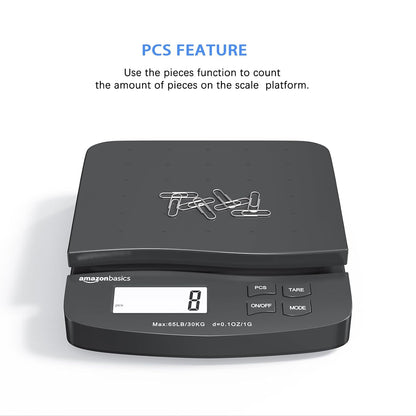 Amazon Basics Digital Postal Shipping Scale with Tare Function, AC Adapter, 65 lb Capacity, 0.1 oz Readability, LCD Display, Black