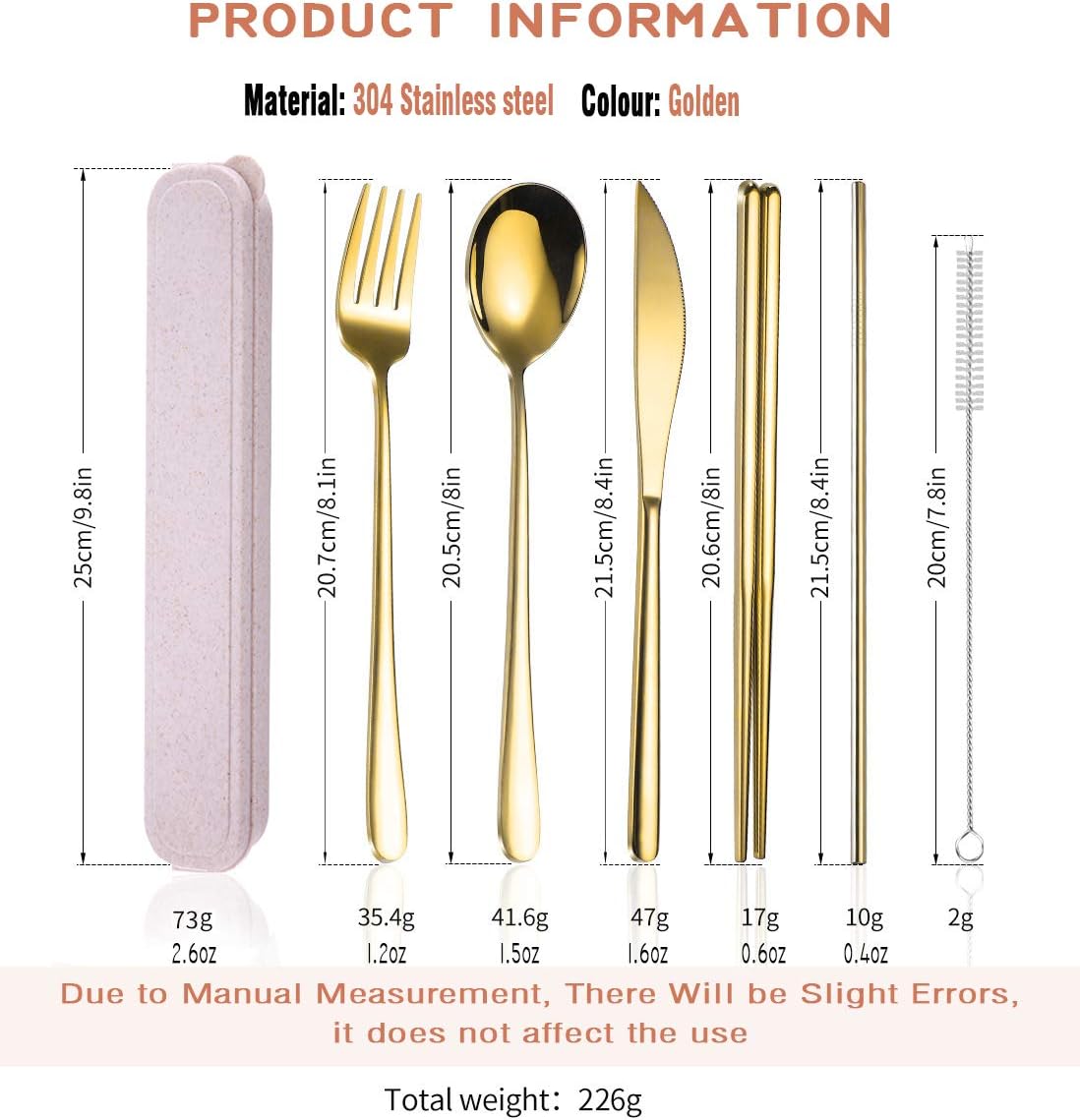 AARAINBOW 6 Pieces 18/8 Stainless Steel Flatware Set Portable Reusable Cutlery Set Travel Utensils Set Including Chopsticks Knife Fork Spoon Straws Cleaning Brush Dishwasher Safe (Green golden)