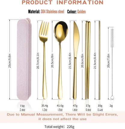 AARAINBOW 6 Pieces 18/8 Stainless Steel Flatware Set Portable Reusable Cutlery Set Travel Utensils Set Including Chopsticks Knife Fork Spoon Straws Cleaning Brush Dishwasher Safe (Green golden)