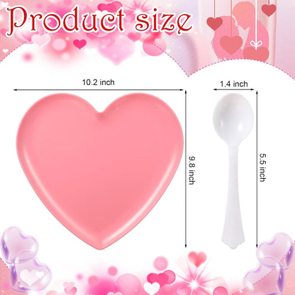 Layhit 38 Pieces Valentines Heart Shaped Plates Spoon Set Include 18 Pcs 10 Inch Valentines Day Heart Shaped Food Tray 20 Pcs Plastic Spoon Salad Dessert Plate for Party Supplies(Red)