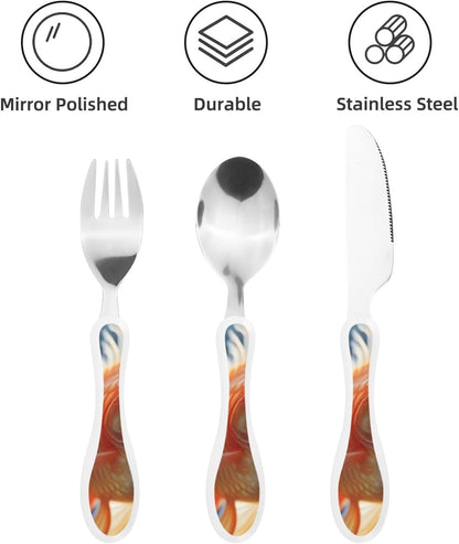 3-Piece Kids Silverware Set With Storage Case, Stainless Steel Reusable Children Safe Knife Spoon Fork Set Leaves Floral On Rustic Wood Children Flatware Set For Kids Lunch Box