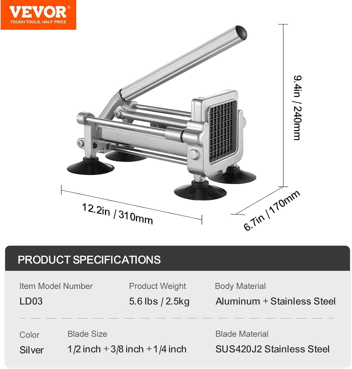 VEVOR French Fry Cutter, Potato Slicer with 1/2", "3/8", "1/4 Stainless Steel Blades, Manual Potato Cutter Chopper with Suction Cups, Great for Potato, French Fries, Cucumber, Vegetables, Carrot