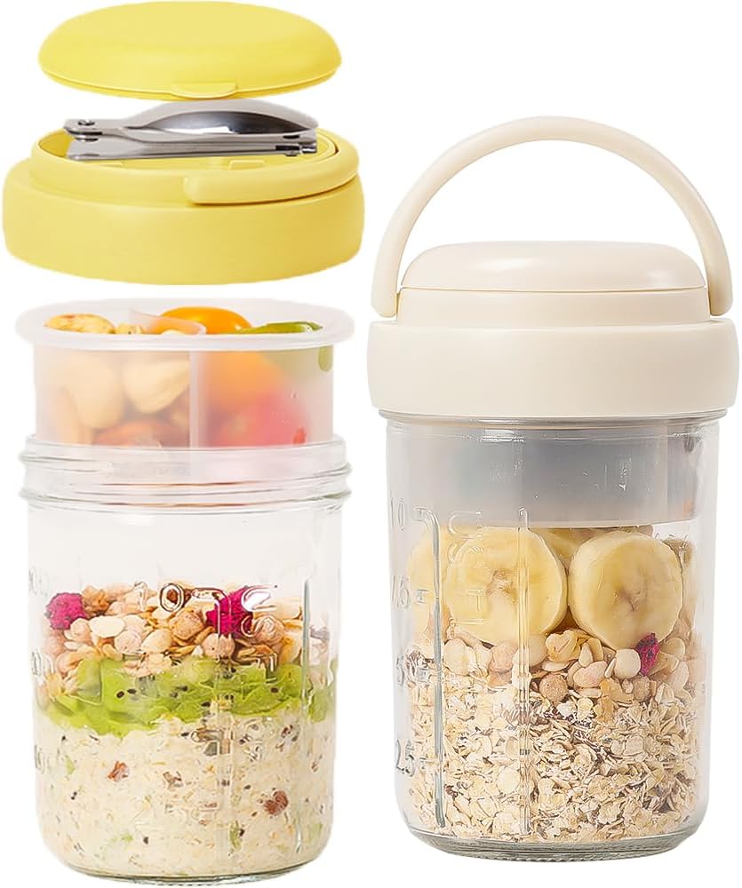 2 Pack Overnight Oats Containers with Lids and Handles, Folding Spoons & Divided Compartments for Fruit & Nuts, 16oz Mason Jars for Oatmeal Yogurt Container Chia Pudding Jars with lids (Cream 2pcs)