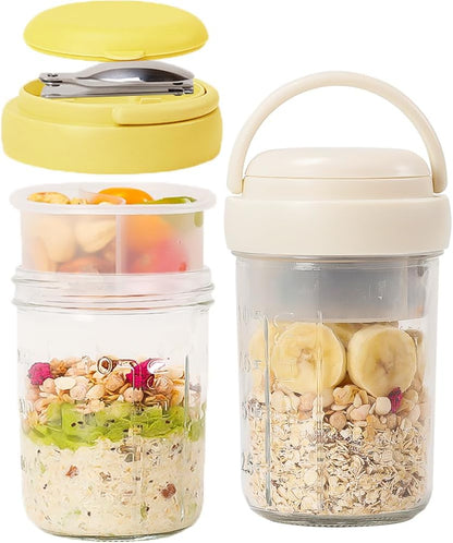 2 Pack Overnight Oats Containers with Lids and Handles, Folding Spoons & Divided Compartments for Fruit & Nuts, 16oz Mason Jars for Oatmeal Yogurt Container Chia Pudding Jars with lids (Cream 2pcs)