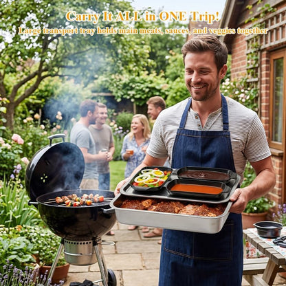 10-Piece Grill Prep and Carry System, Stainless Steel BBQ Prep and Serve Trays with Lid, Dishwasher Safe Cutting Board, Ingredient Prep Trays & Meat Marinade Container for Outdoor Grilling