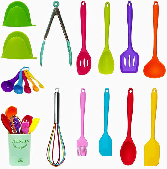 18-Piece Silicone Kitchen Utensils Set, Colorful Non-Toxic Cooking Tools, BPA Free Heat Resistant to 446°F, Safe for Non-Stick Cookware, Spoons Spatula Tongs Whisk Ladle, Dishwasher Safe by TIBLEN