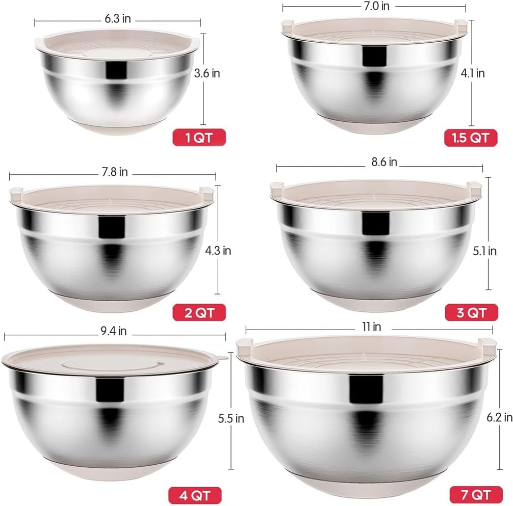 Rottay Mixing Bowls with Airtight Lids, 20PCS Stainless Steel Mixing Bowl Set, Nesting Bowls with 3 Grater Attachments & Non-Slip Bottoms, Size7, 4, 3, 2, 1.5, 1QT Bowls for Baking&Prepping