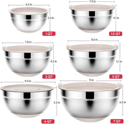 Rottay Mixing Bowls with Airtight Lids, 20PCS Stainless Steel Mixing Bowl Set, Nesting Bowls with 3 Grater Attachments & Non-Slip Bottoms, Size7, 4, 3, 2, 1.5, 1QT Bowls for Baking&Prepping