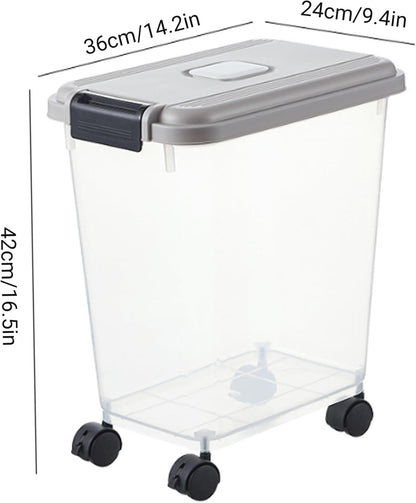 Dog Food Container Pet Food Storage, Airtight Seal Large Pet Storage Container with Lockable Wheels, Transparent Bin Gray (35lbs Rice/25lbs Flour) + Measuring Cup