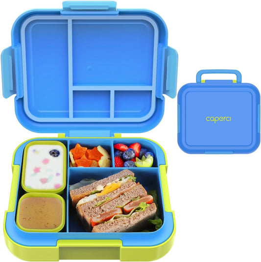 Caperci Bento Box for Kids - Large 4.8 Cups Lunch Box with Two Modular Containers - 4 Compartments, Leak-Proof, Portable Handle, Microwave/Dishwasher Safe, BPA-Free (Jungle Green/Blue)