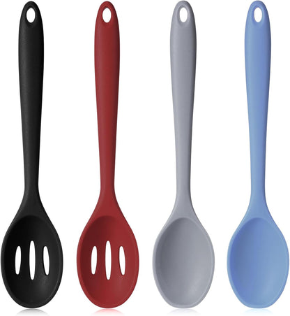 Boao 4 Pcs Silicone Spoons for Cooking 10.6 Inch Large Nonstick Serving Spoons Heat Resistant Slotted Spoon for Mixing & Stirring Kitchen Cooking Utensils, Dishwasher Safe(Black)
