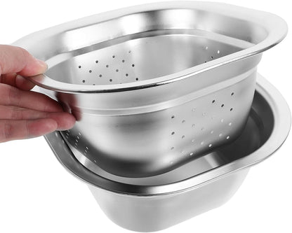 Zerodeko Stainless Steel Colander Bowl Set Square Kitchen Sink Metal Storage Basket Large Capacity Fruit Vegetables Washing Basin Rice Strainer Washer 22cm