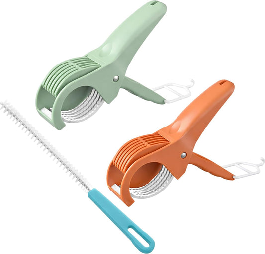 Banana Slicer Cutter, 3-Piece Food Manual Slicer with Gap Cleaning Brush, Red Brown Green Colors, ABS Stainless Steel Construction with 2 Portable Hooks, Kitchen Gadget for Easy Banana Preparation