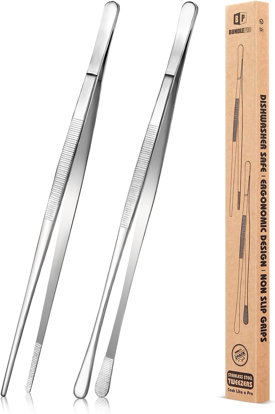 2 Pcs 10-Inch Kitchen Tweezers Fine Tweezer Tongs, Stainless Steel Professional Long Cooking Tweezers for BBQ, Sea Food, Repairing and Serving (SILVER)