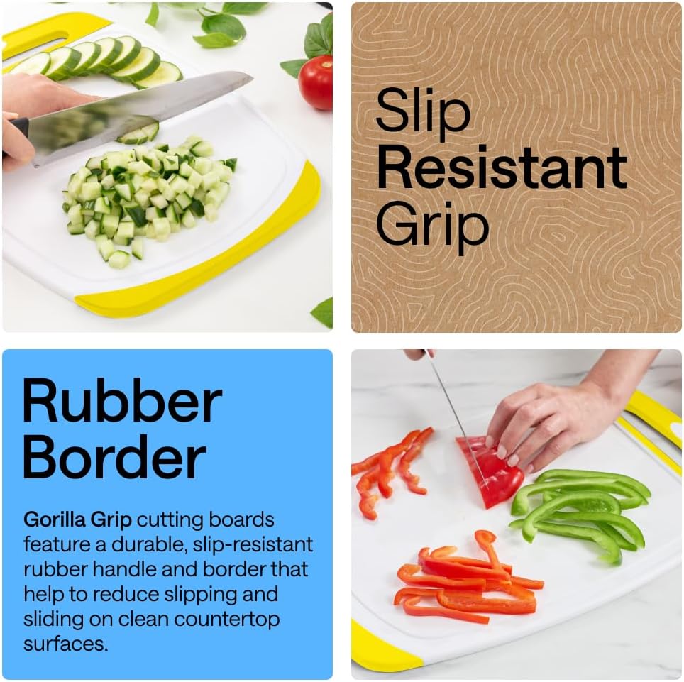 GORILLA GRIP BPA-Free Reversible Kitchen Cutting Board Set of 3, US Designed, Nonporous, Juice Grooves Catch Liquid, Slip Resistant Border, Dishwasher Safe, Durable Large Food Chopping Boards, Black