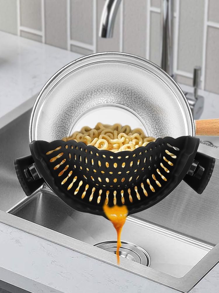 Clip on Silicone Strainer with Scraper, Adjustable Pasta Colander