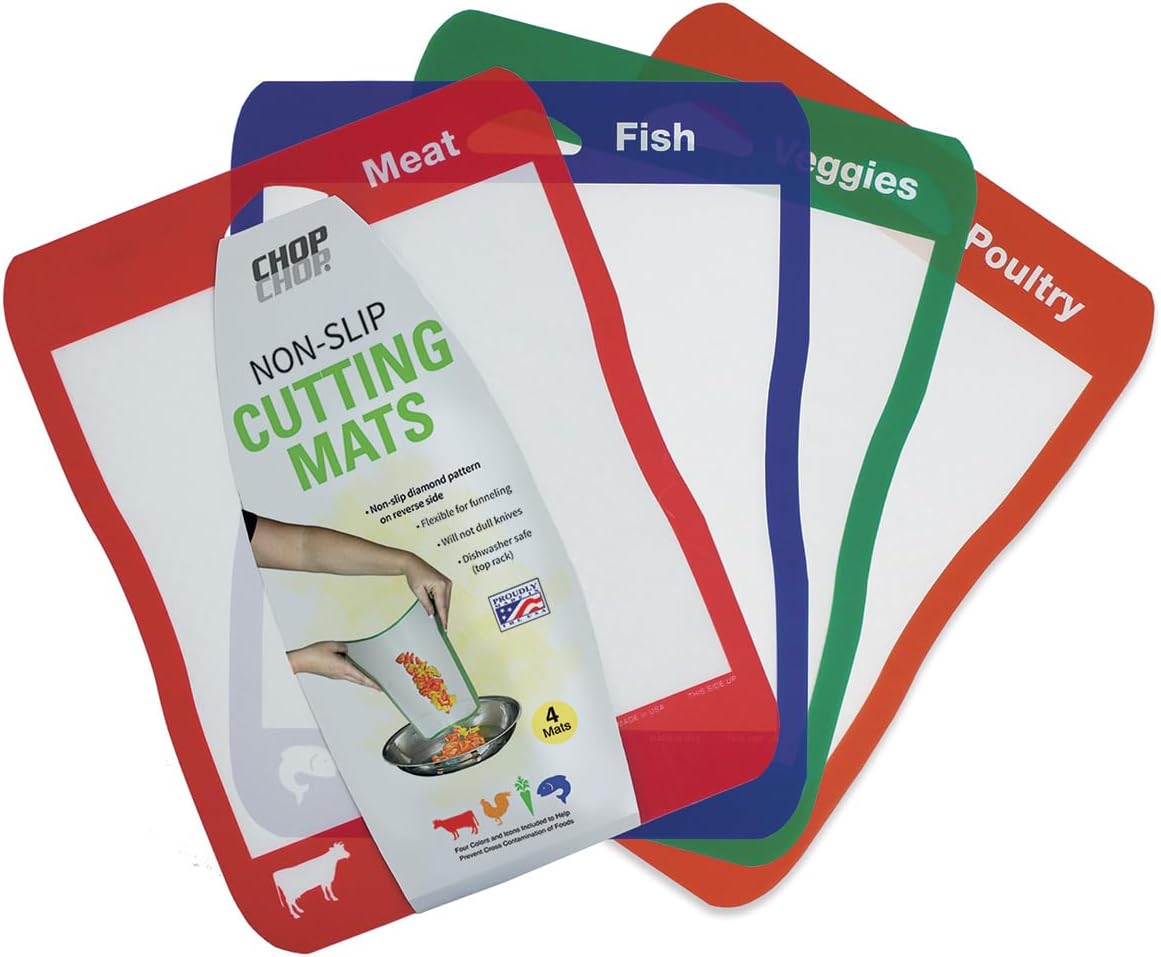 Cut N' Funnel Multi-Color Flexible Plastic Cutting Board Mats 4 Pack Made in the USA Colored Coded, BPA Free, 16” x 12”