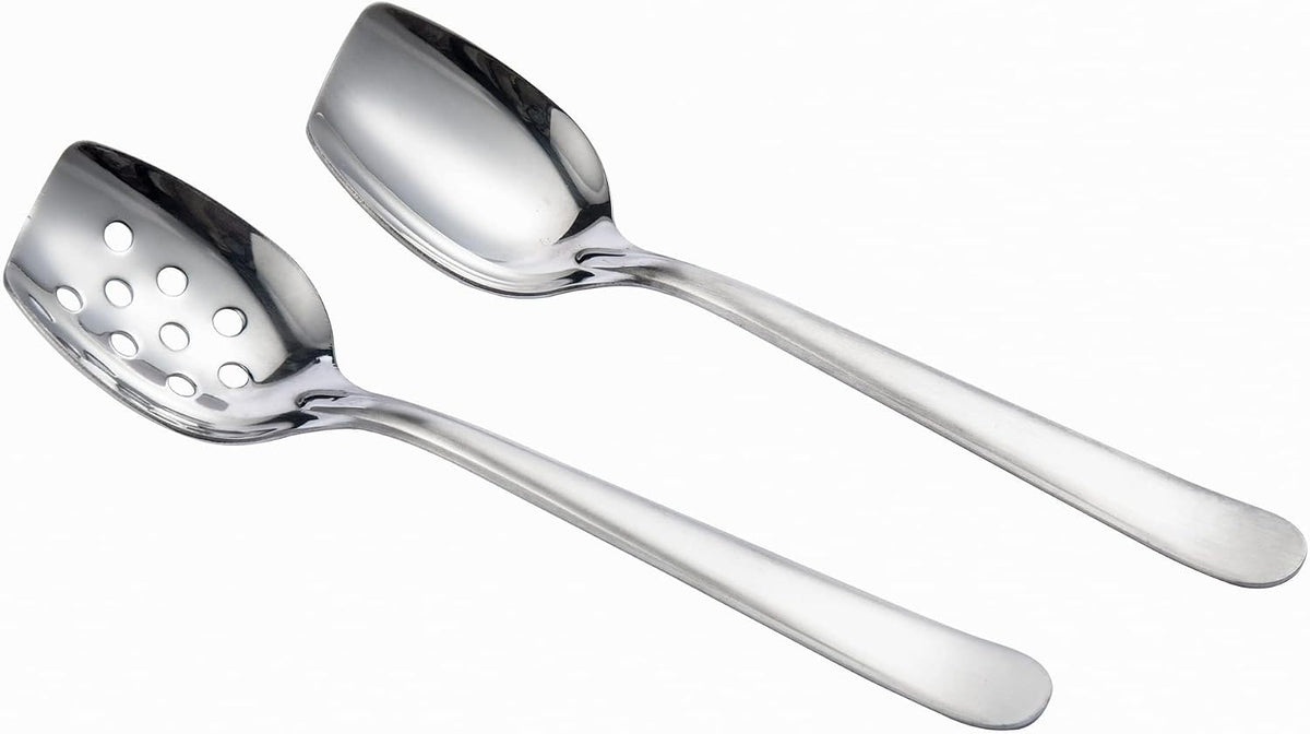 IMEEA 10 Inch Flat Bottom Scraping Cooking Spoon Set of 2, 18/8 Stainless Steel Slotted & Solid Stirring Spoon, Flat Edge Kitchen Spoon for Stir Fry, Sauce, Soup, Instant Pot