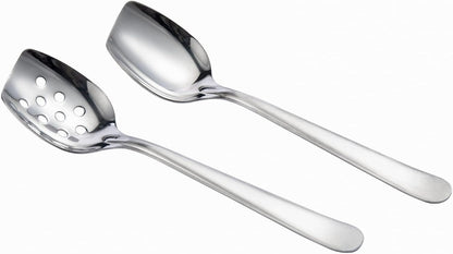 IMEEA 10 Inch Flat Bottom Scraping Cooking Spoon Set of 2, 18/8 Stainless Steel Slotted & Solid Stirring Spoon, Flat Edge Kitchen Spoon for Stir Fry, Sauce, Soup, Instant Pot