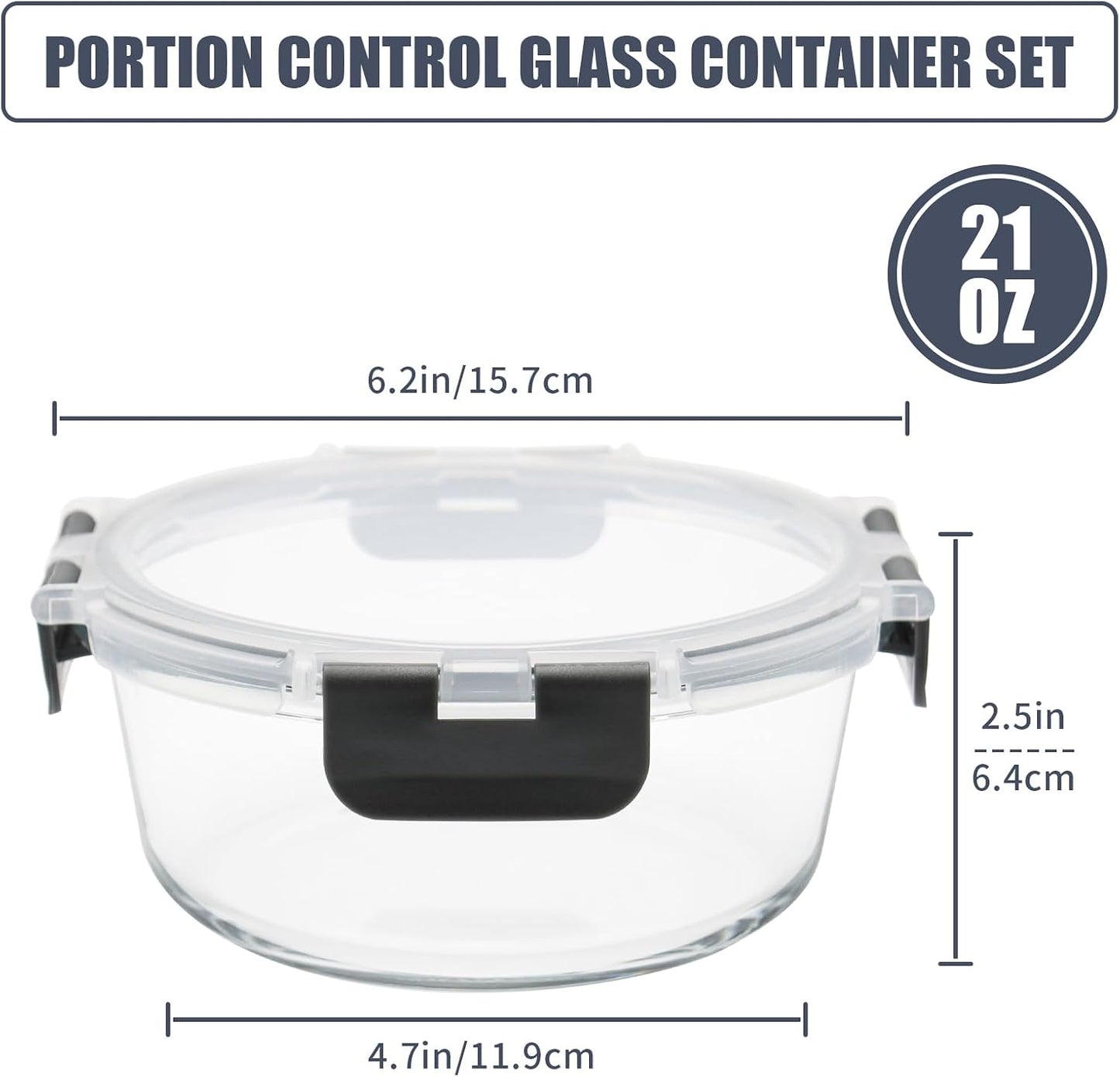 6Pack 22oz Glass Meal Prep Containers, Glass Food Storage Containers Sets with Snap Leak Proof Lids for Microwave, Oven, Freezer and Dishwasher Safe (Grey, 22oz)