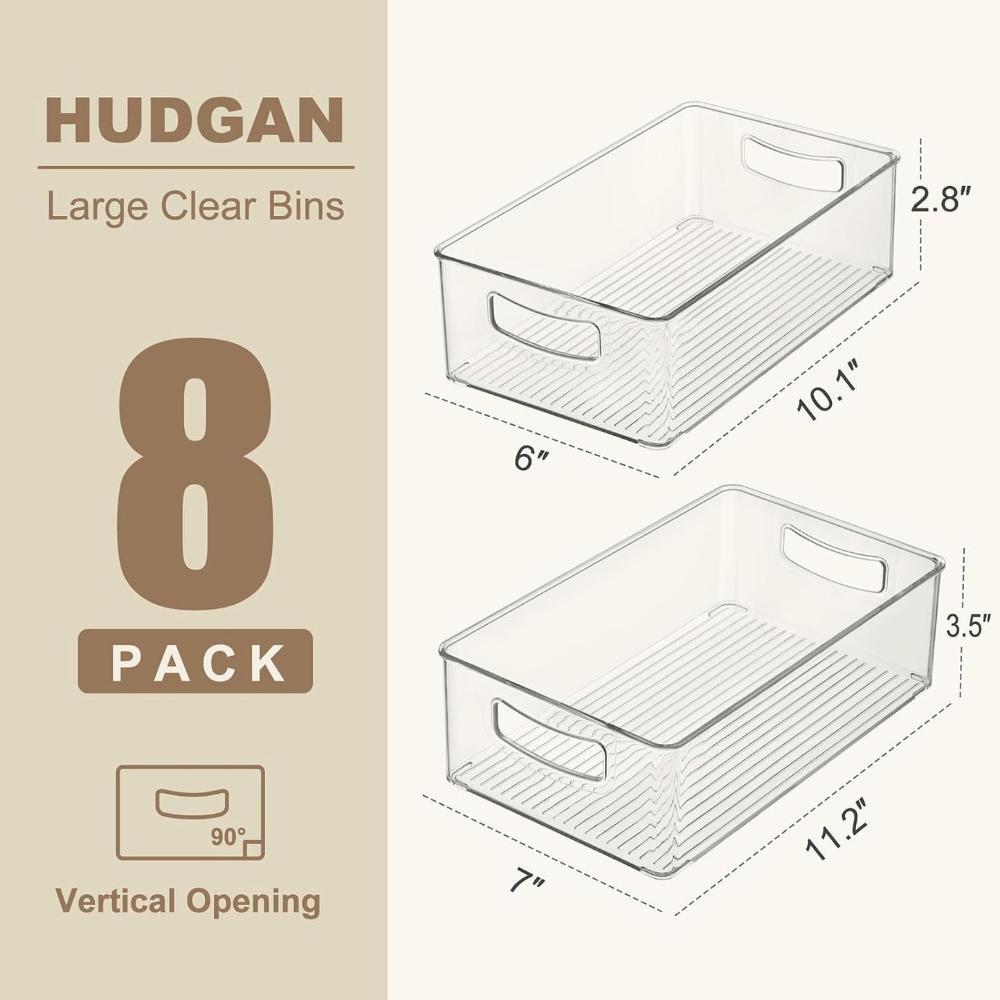 Hudgan 8 Pack Pantry Organizer and Storage, 2 Extra Large Stackable Freezer Organizer Bin, 3 Large Clear Storage Bin and 3 Medium Plastic Container for Home Edit, Kitchen Cabinet, Bathroom Shelf