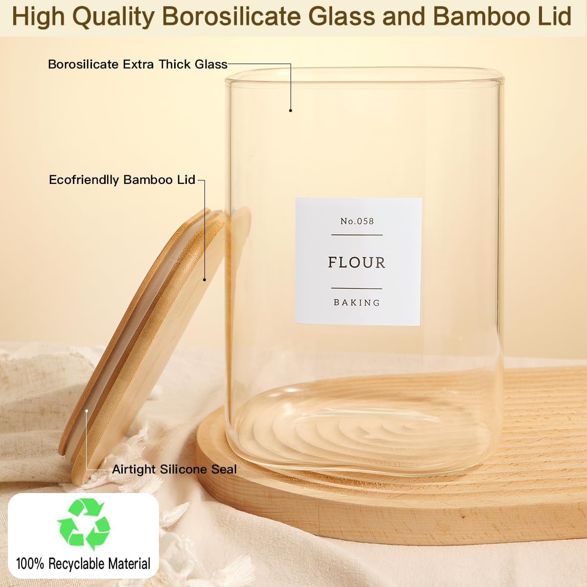 Large glass flour and sugar containers with 132 Kitchen Pantry Labels - 110 oz Glass Food Storage Containers with Airtight Lids - Square Glass Jars with Bamboo Lids for Rice, Pasta, Cookies, grain