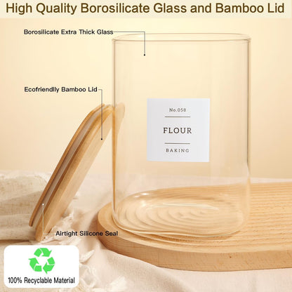 Large glass flour and sugar containers with 132 Kitchen Pantry Labels - 110 oz Glass Food Storage Containers with Airtight Lids - Square Glass Jars with Bamboo Lids for Rice, Pasta, Cookies, grain