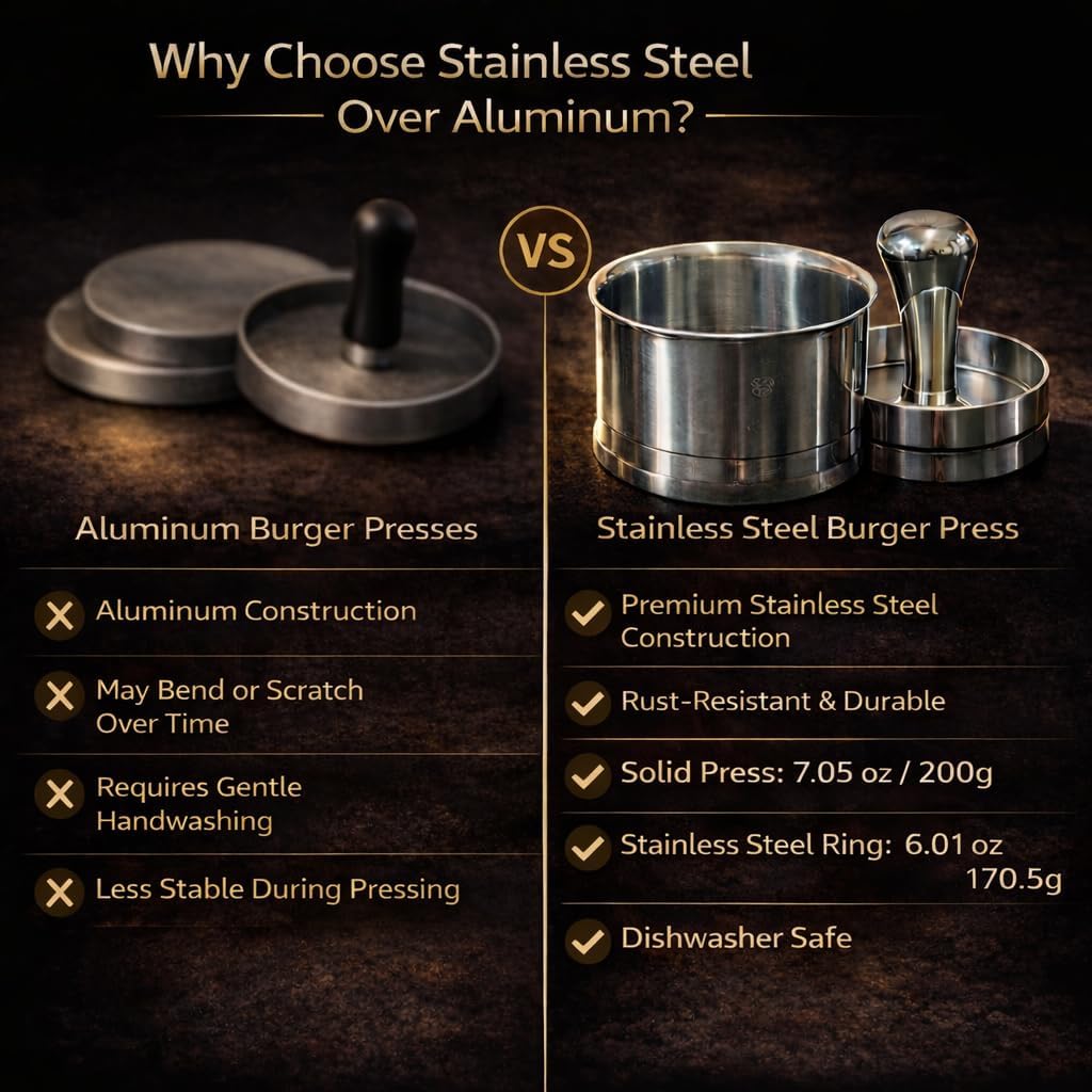Stainless Steel Burger Press with Patty Ring – Multi-Purpose Meat & Veggie Patty Maker, Smash Burger Press, Food-Grade Stainless Steel, Dishwasher Safe, Gift Box Packaging