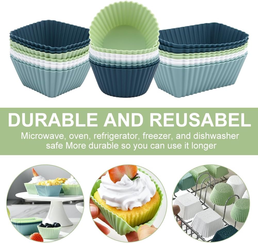 24pcs Silicone Muffin Cups,5pcs Plastic Measuring Spoons Set,Reusable Muffin Liners Silicone Cupcake Liners Lunch Box Dividers,3 Shape Non-Stick Baking Cups Cup Cake Molds Holder