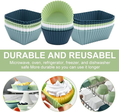 24pcs Silicone Muffin Cups,5pcs Plastic Measuring Spoons Set,Reusable Muffin Liners Silicone Cupcake Liners Lunch Box Dividers,3 Shape Non-Stick Baking Cups Cup Cake Molds Holder