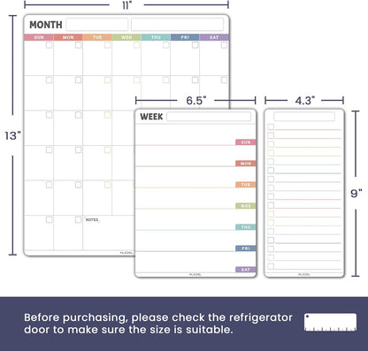 ALEZEL Dry Erase Fridge Calendar Magnetic, Greenery White Board Calendar Dry Erase for Refrigerator - Set of Vertical Monthly & Weekly Calendar for Fridge with 1 List Board, 4 Markers + Eraser