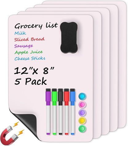 MaxGear 5 Pack Magnetic Whiteboard Sheets for Fridge, 12"x 8" Small Refrigerator Dry Erase Board for Kitchen Organizer and Planner, Smooth and Reusable, Includes 5 Markers, 5 Magnets and 1 Eraser