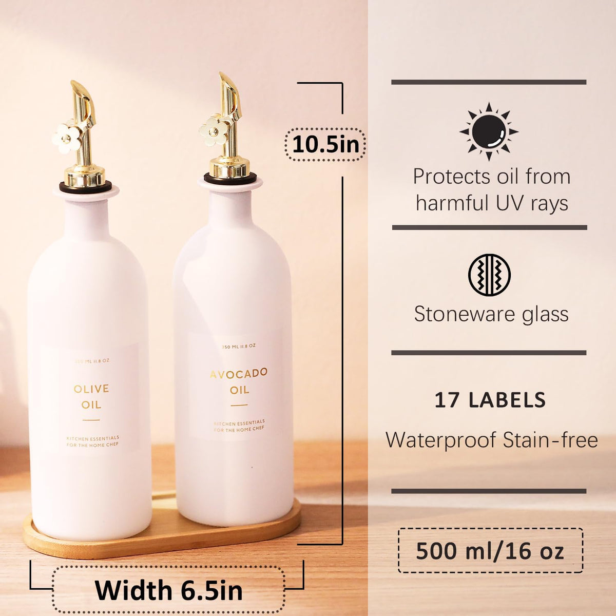 HOMCDALY Olive Oil Dispenser for Kitchen, 12oz Glass kitchen Dispenser Bottle, Gold Oil&Vinegar Cruet Set, Leakproof Oil Containers for Cooking| Set of 2 (12oz – Gold)