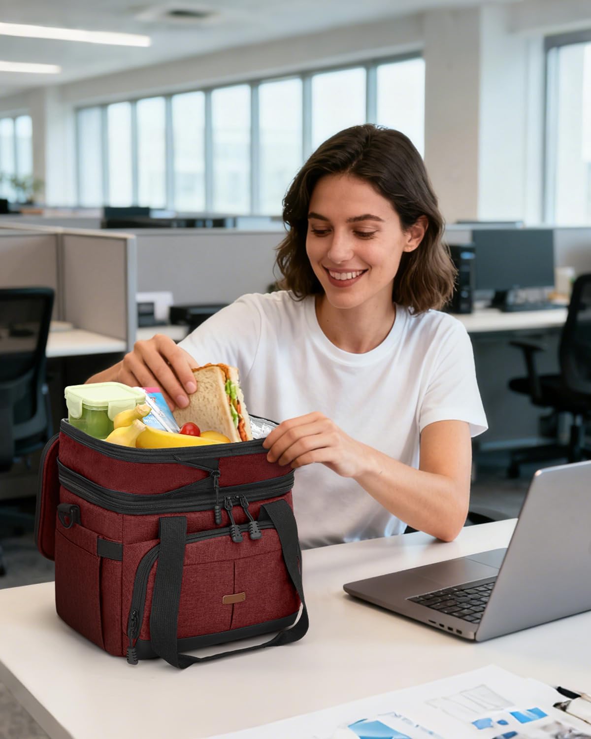 Pritent Lunch Box For Men Women Double Deck Insulated Lunch Bag For Men Woman Leakproof Expandable Cooler Bag with Adjustable Shoulder Strap for Kids Shool Work Picnic Camping(Beige,Large)