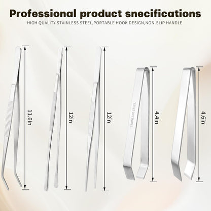 5Pcs Stainless Steel Kitchen Tweezers Tongs Set, Precision Fine Tip Cooking Tongs for Plating, Grilling, Seafood, BBQ- Professional Chef Tools (Different Sizes & Tips)