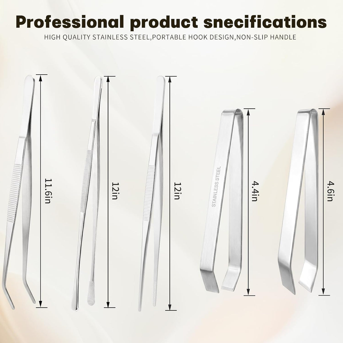 5Pcs Stainless Steel Kitchen Tweezers Tongs Set, Precision Fine Tip Cooking Tongs for Plating, Grilling, Seafood, BBQ- Professional Chef Tools (Different Sizes & Tips)