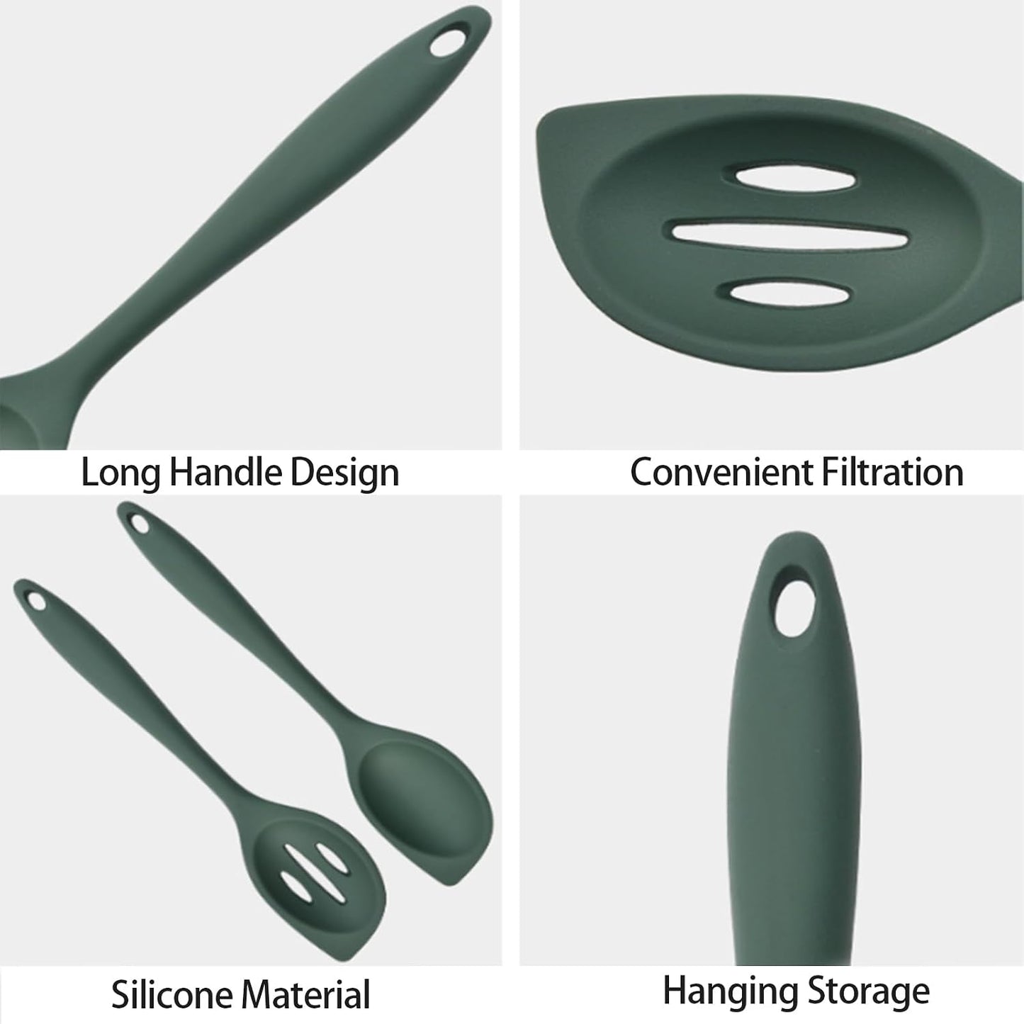 2-Pieces Silicone Cooking Spoon Spatula, Large Serving Spoons for Solid and Slotted, Heat Resistant Non-Stick Silicone Cooking Utensils Set, for Kitchen Mixing, Scooping, and Scraping