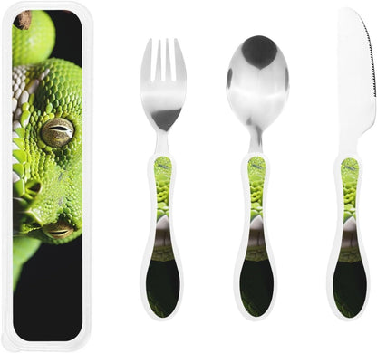 3-Piece Kids Silverware Set With Storage Case, Stainless Steel Reusable Children Safe Knife Spoon Fork Set Blue Lotus Floral Children Flatware Set For Kids Lunch Box