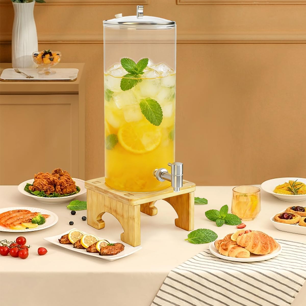 2 Gallon Drink Dispenser,Glass Beverage Dispenser With Wood Stand, 18/8 Stainless Steel Spigot and Labels Large Water Drink Dispensers for Parties, Lemonade,Juice, Bar,Wedding,Restaurants