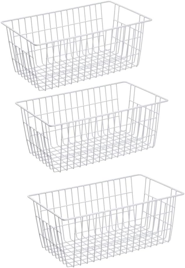 Slideep Wire Baskets Farmhouse Freezer Organizer Storage Bin Basket with Handles, Food Storage for Kitchen Cabinets, Pantry, Closet, Bedroom, Bathroom, Office 3 Pack