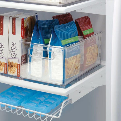 mDesign Stackable Plastic Food Storage Bin with Handles for Kitchen Pantry, Cabinet, Refrigerator, Freezer - Organizer for Fruit, Yogurt, Squeeze Pouches - BPA Free, 10" Long - Clear