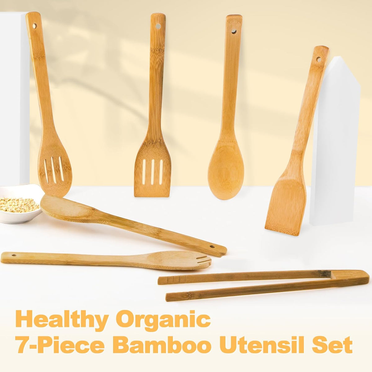 Eisinly 7-Piece Wooden Cooking Spoons, Natural Bamboo Utensil Set